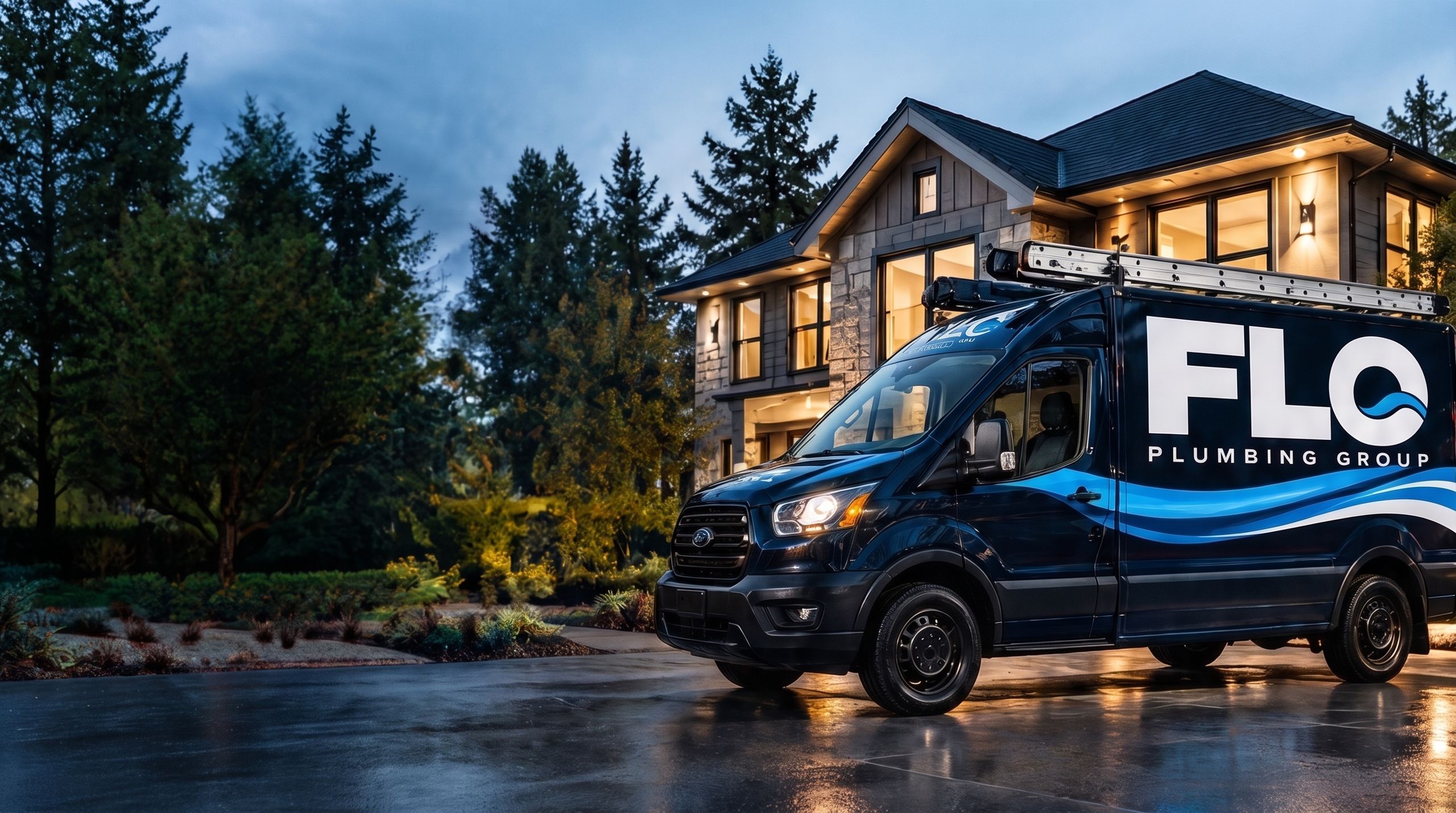 FLO Plumbing Group service van parked in front of a home at dusk