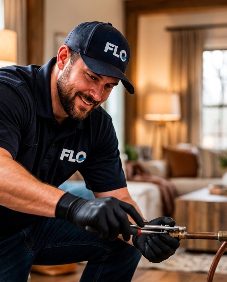 A smiling FLO technician at work in a client's home
